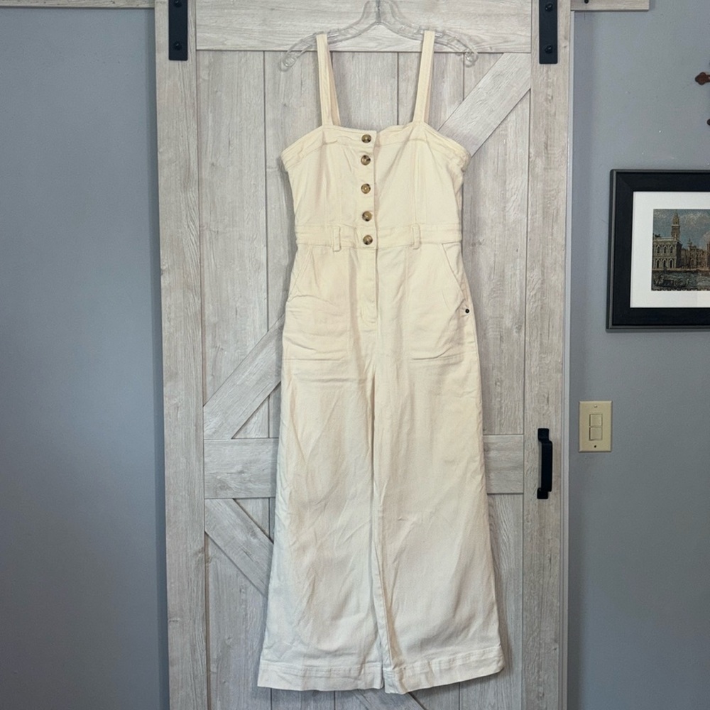 URBAN OUTFITTERS Ivory Cream Cotton‎ Twill Denim Wide Leg Overalls SzL NWOT